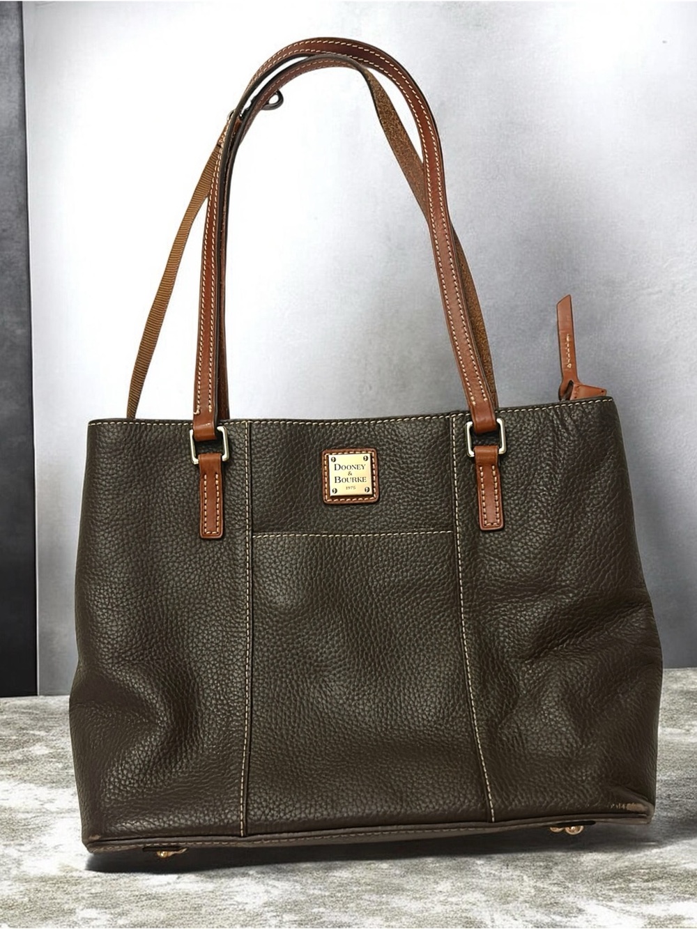 Dooney & Bourke Olive Pebbled Leather Tote with Brown Trim and Straps